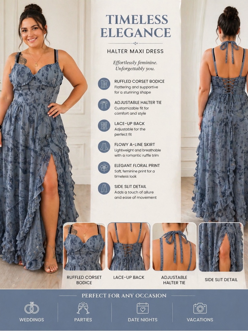 Ruffled Corset Halter Maxi Dress - Blue Floral